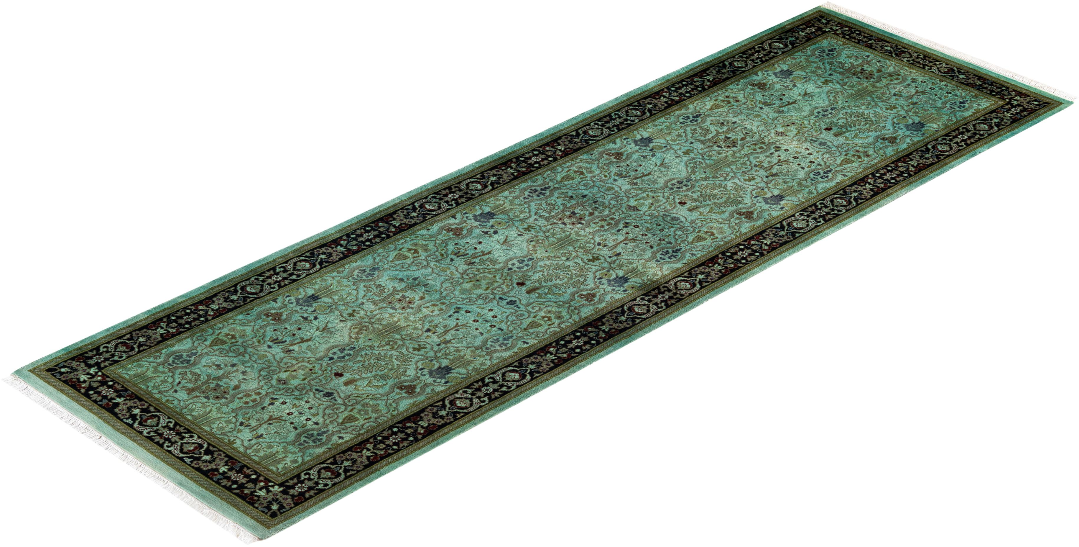 Contemporary Overdyed Hand Knotted Wool Green Runner For Sale 4