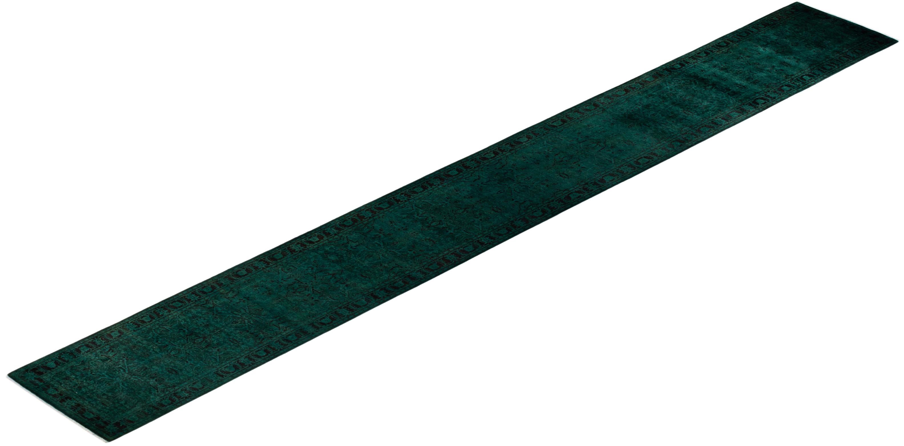 Contemporary Overdyed Hand Knotted Wool Green Runner For Sale 4