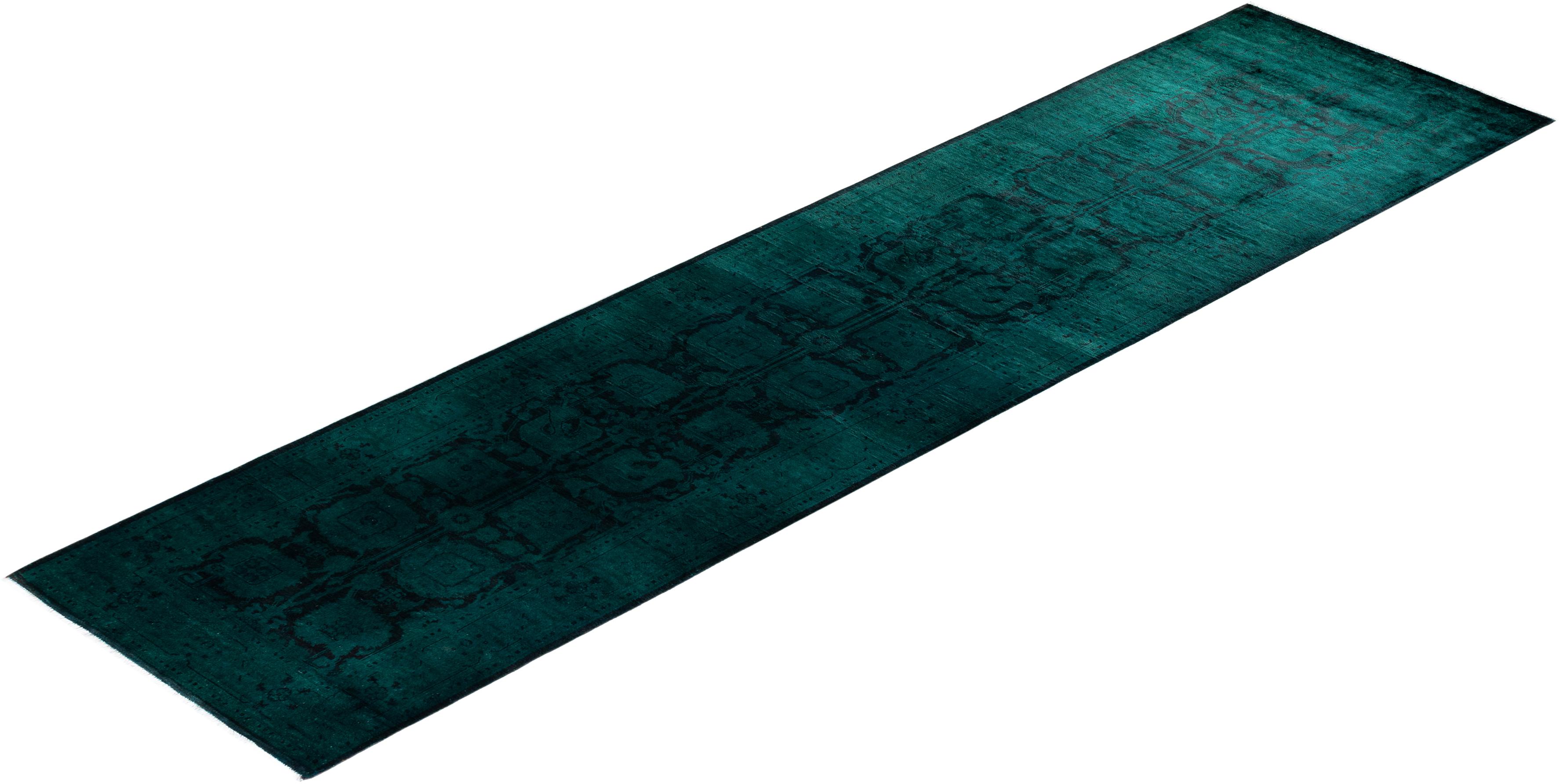 Contemporary Overdyed Hand Knotted Wool Green Runner For Sale 4