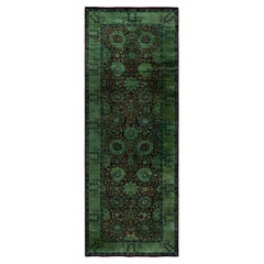 Contemporary Overdyed Hand Knotted Wool Green Runner