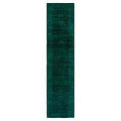 Contemporary Overdyed Hand Knotted Wool Green Runner