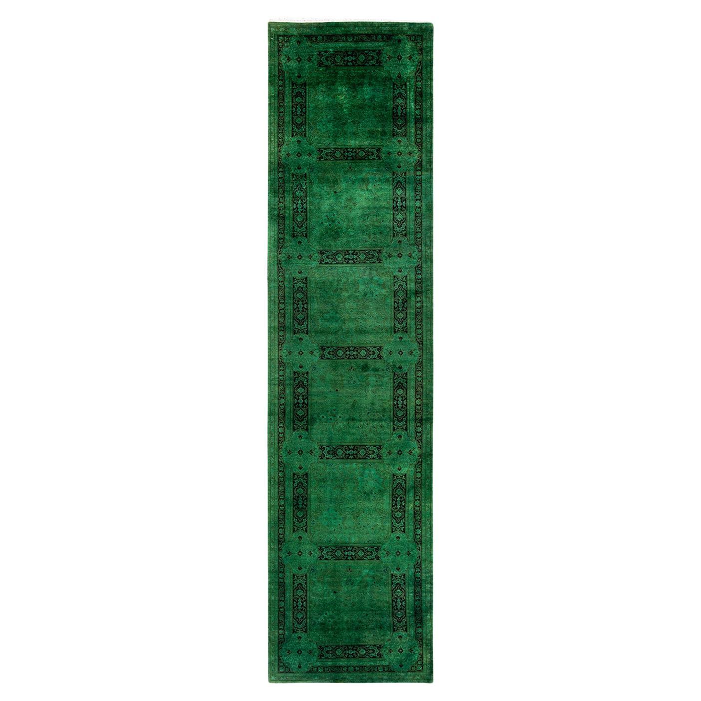Contemporary Overdyed Hand Knotted Wool Green Runner For Sale