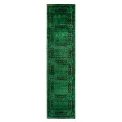 Contemporary Overdyed Hand Knotted Wool Green Runner