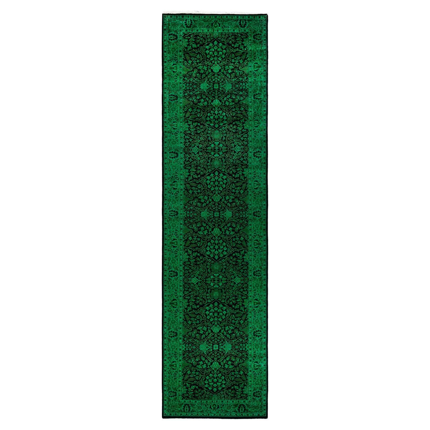 Contemporary Overdyed Hand Knotted Wool Green Runner