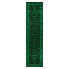 Contemporary Overdyed Hand Knotted Wool Green Runner