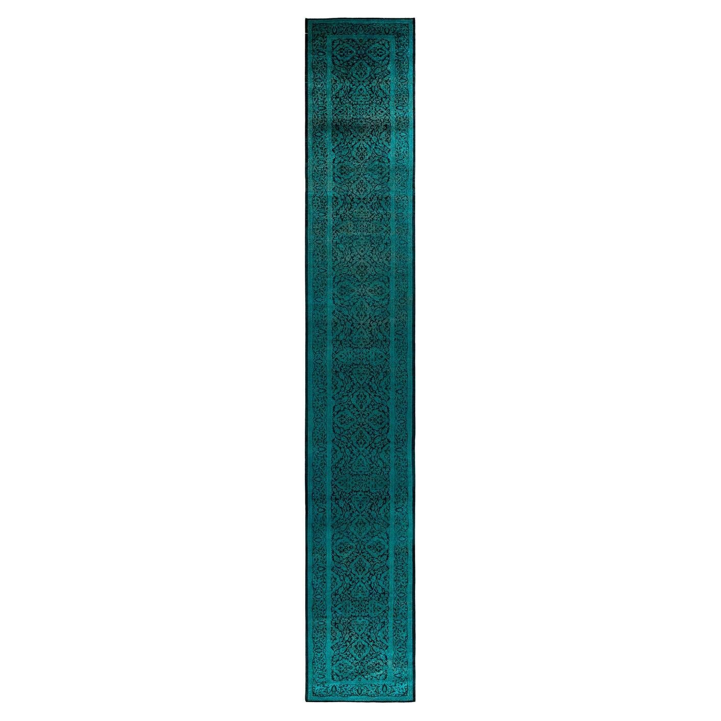 Contemporary Overdyed Hand Knotted Wool Green Runner