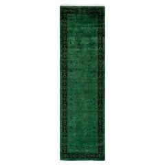 Contemporary Overdyed Hand Knotted Wool Green Runner