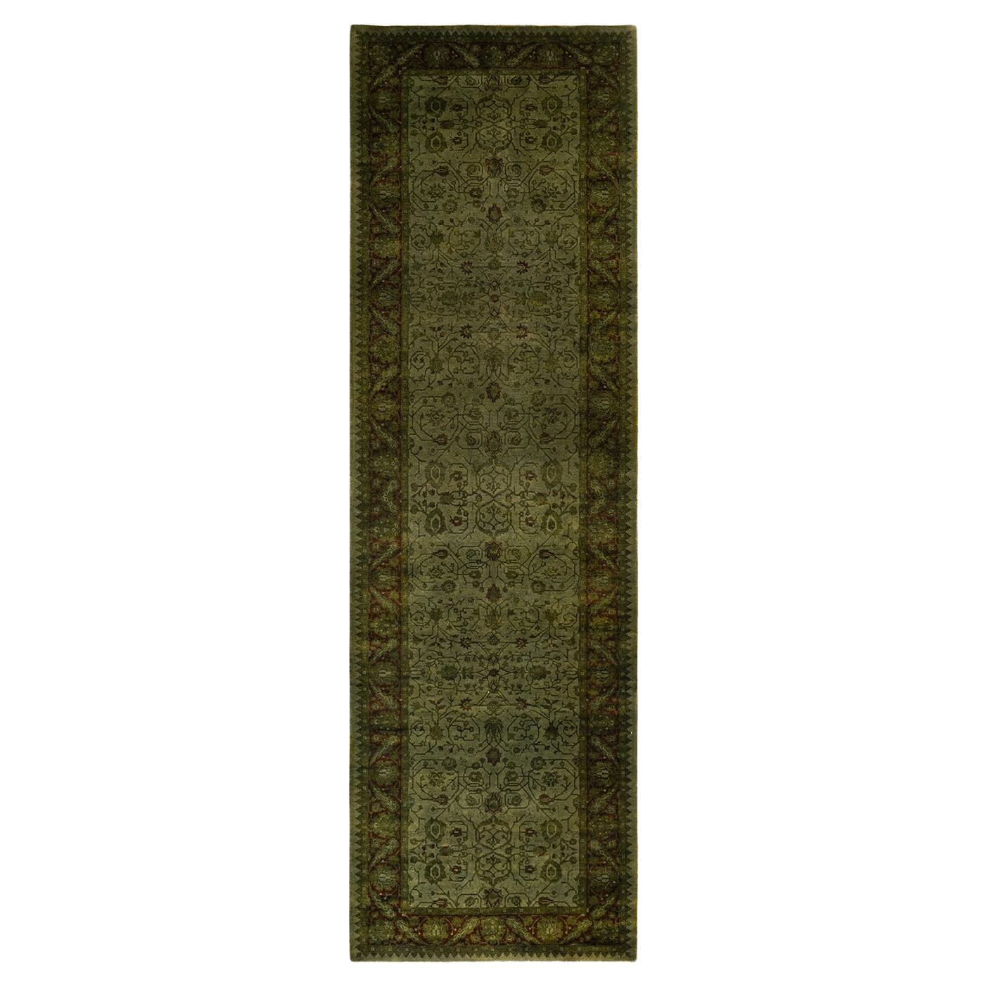 Contemporary Overdyed Hand Knotted Wool Green Runner