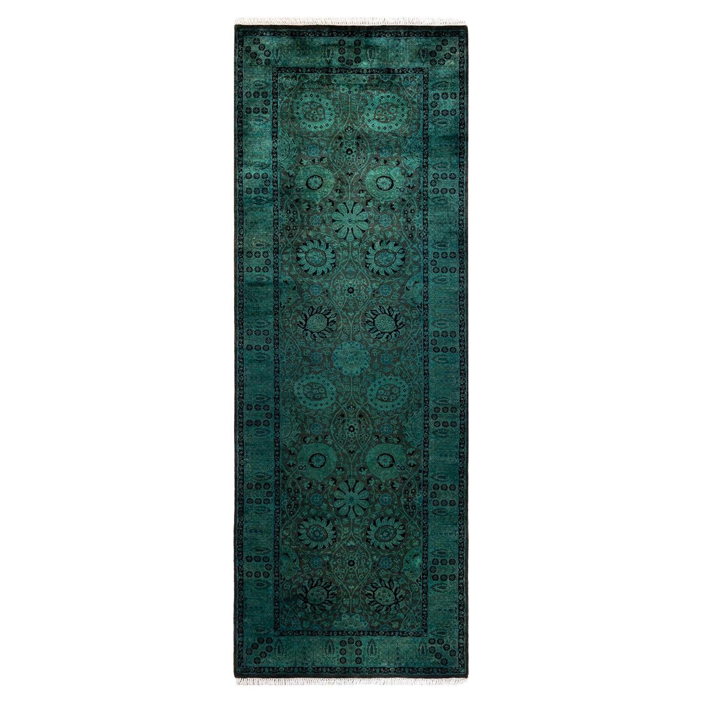 Chemin de table contemporain en laine surteinte nouée à la main, de couleur verte