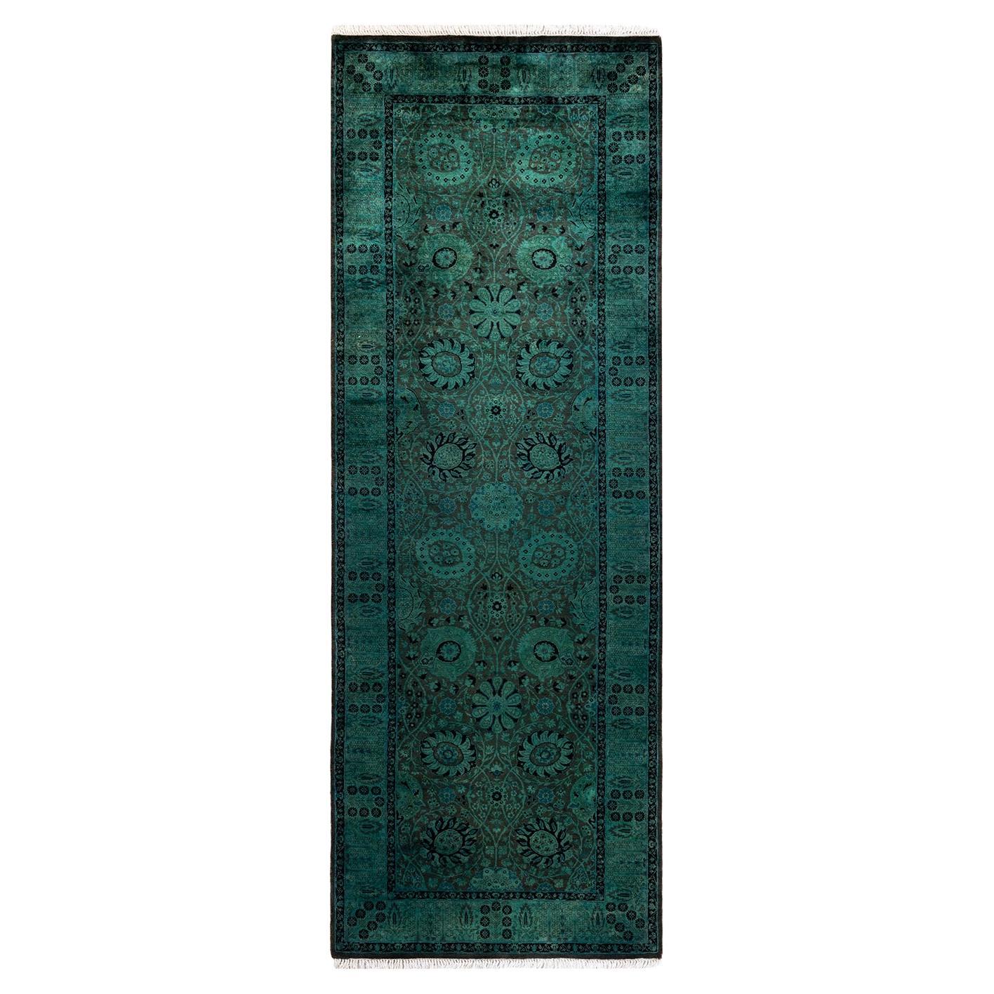 Contemporary Overdyed Hand Knotted Wool Green Runner