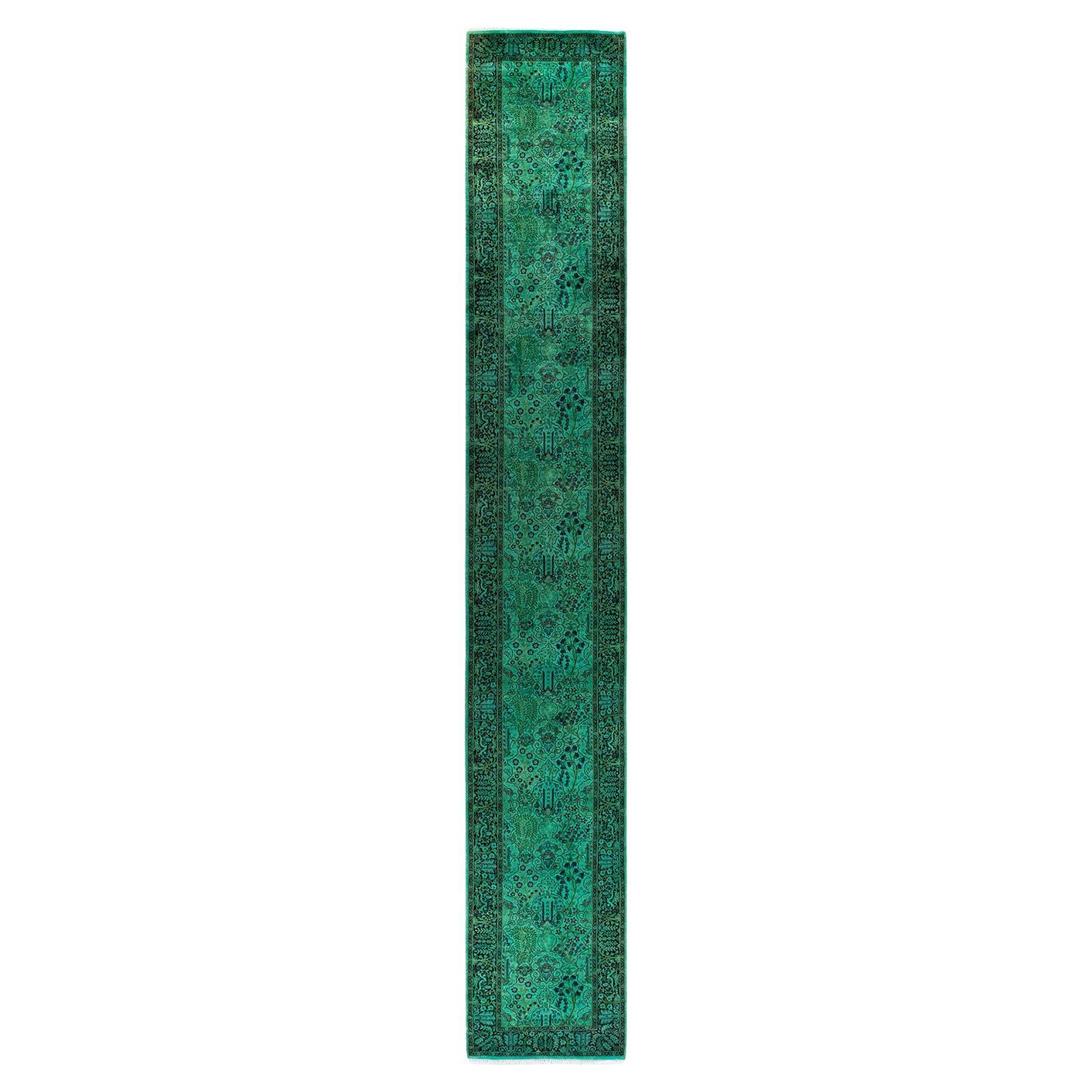 Contemporary Overdyed Hand Knotted Wool Green Runner