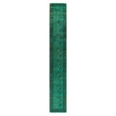 Contemporary Overdyed Hand Knotted Wool Green Runner