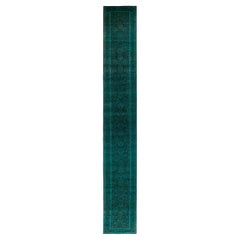 Contemporary Overdyed Hand Knotted Wool Green Runner