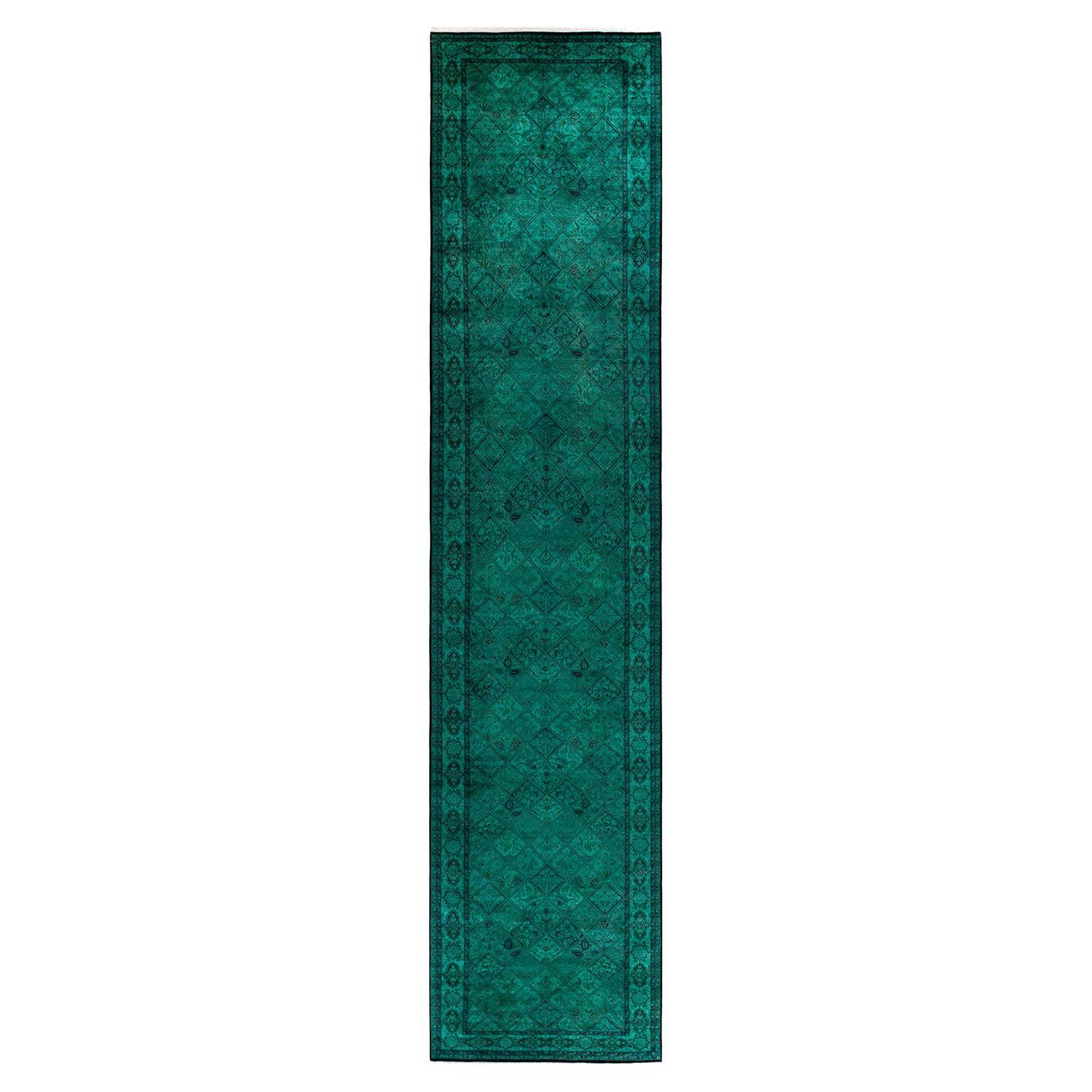 Contemporary Overdyed Hand Knotted Wool Green Runner