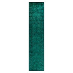 Contemporary Overdyed Hand Knotted Wool Green Runner