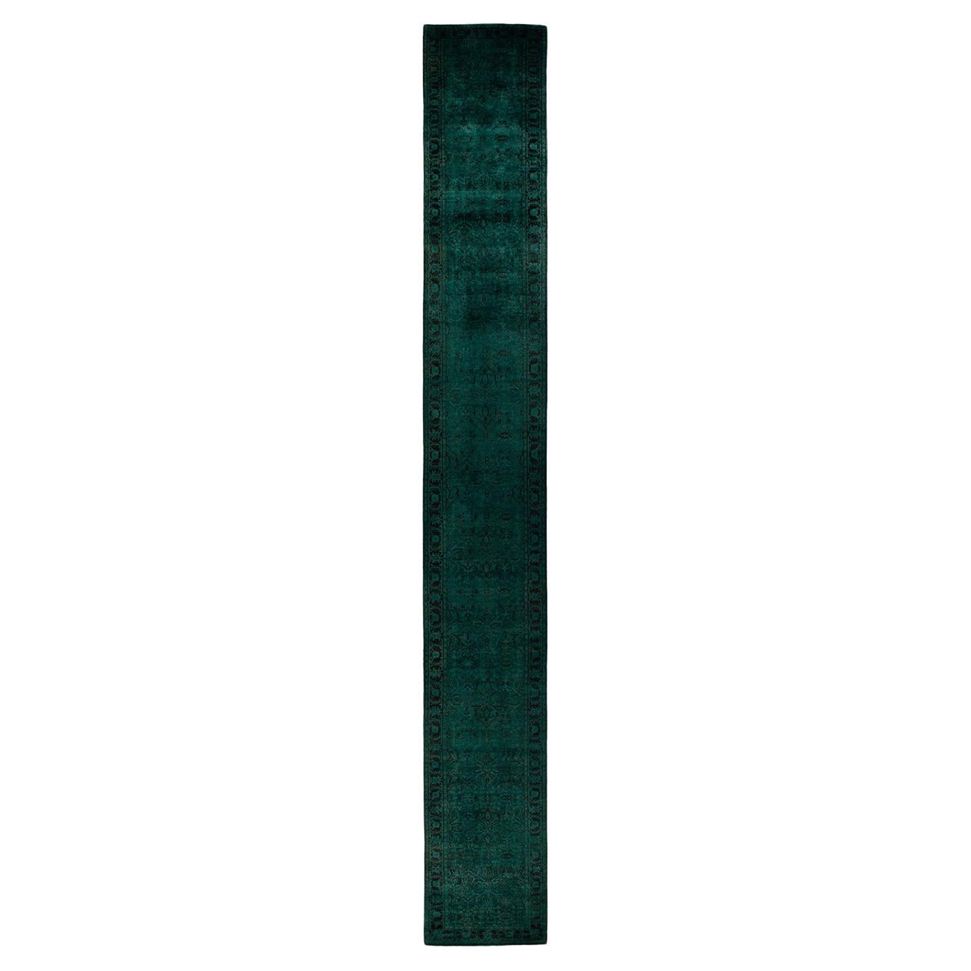 Contemporary Overdyed Hand Knotted Wool Green Runner For Sale