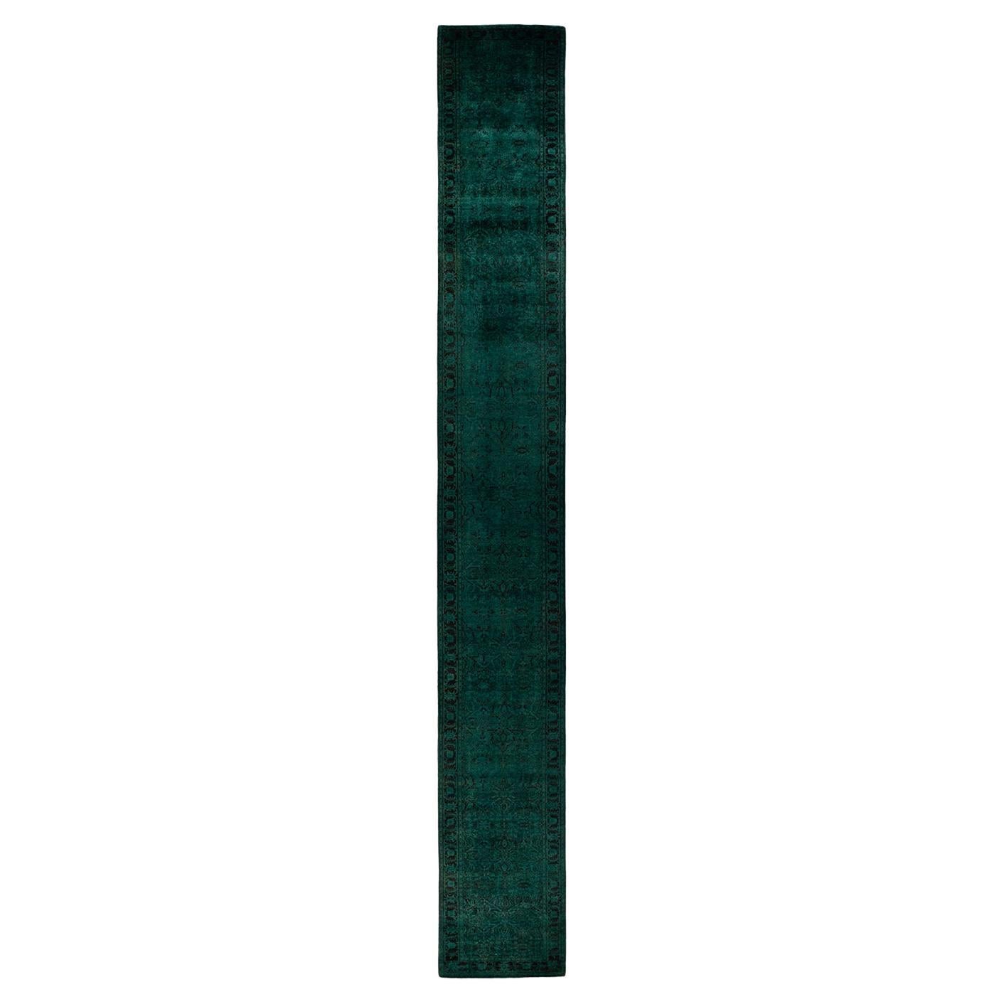 Chemin de table contemporain en laine surteinte nouée à la main, de couleur verte