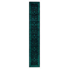 Contemporary Overdyed Hand Knotted Wool Green Runner