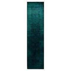 Contemporary Overdyed Hand Knotted Wool Green Runner