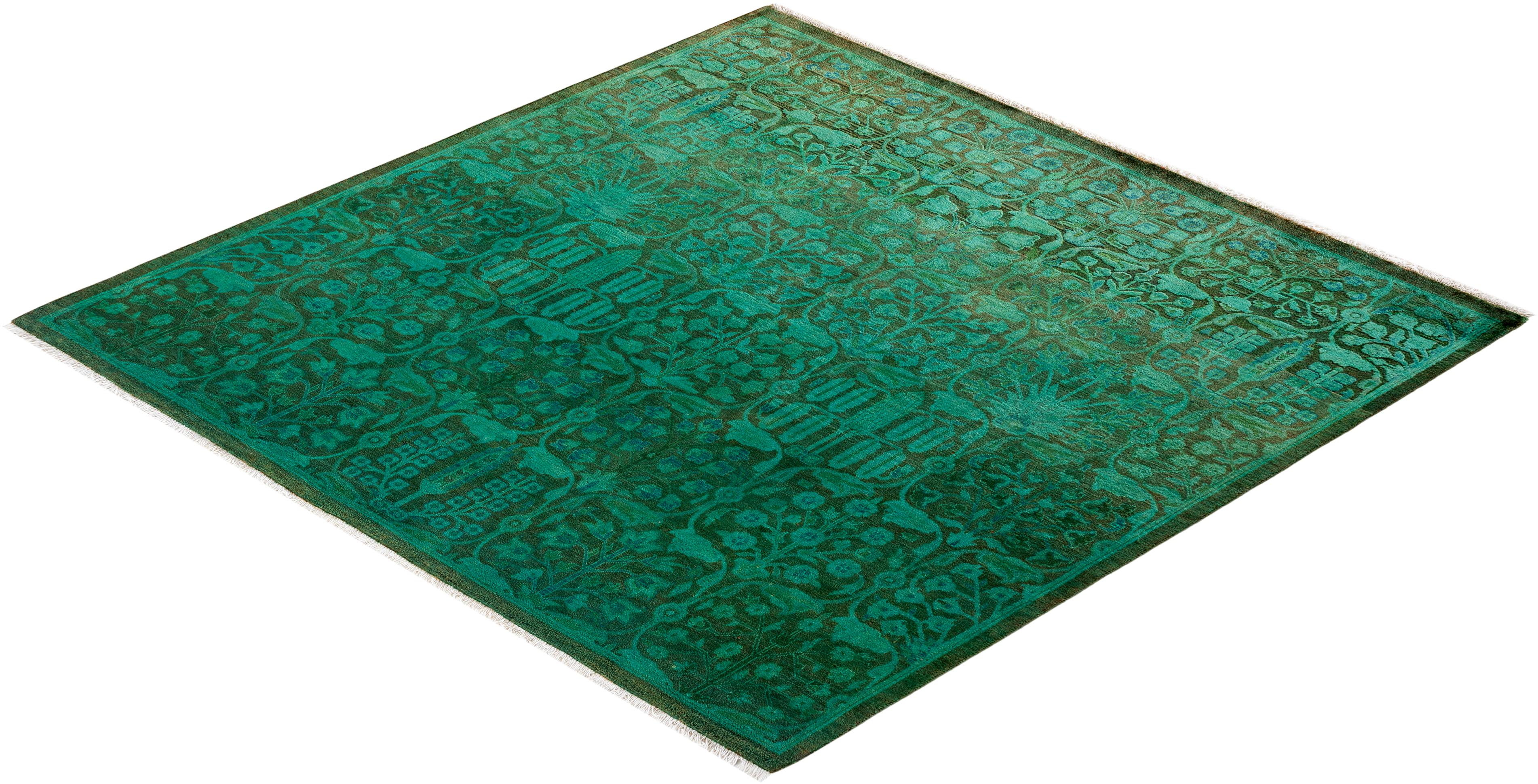 Contemporary Overdyed Hand Knotted Wool Green Square Area Rug For Sale 4