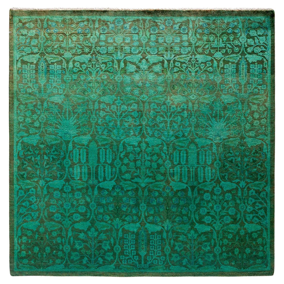 Contemporary Overdyed Hand Knotted Wool Green Square Area Rug For Sale