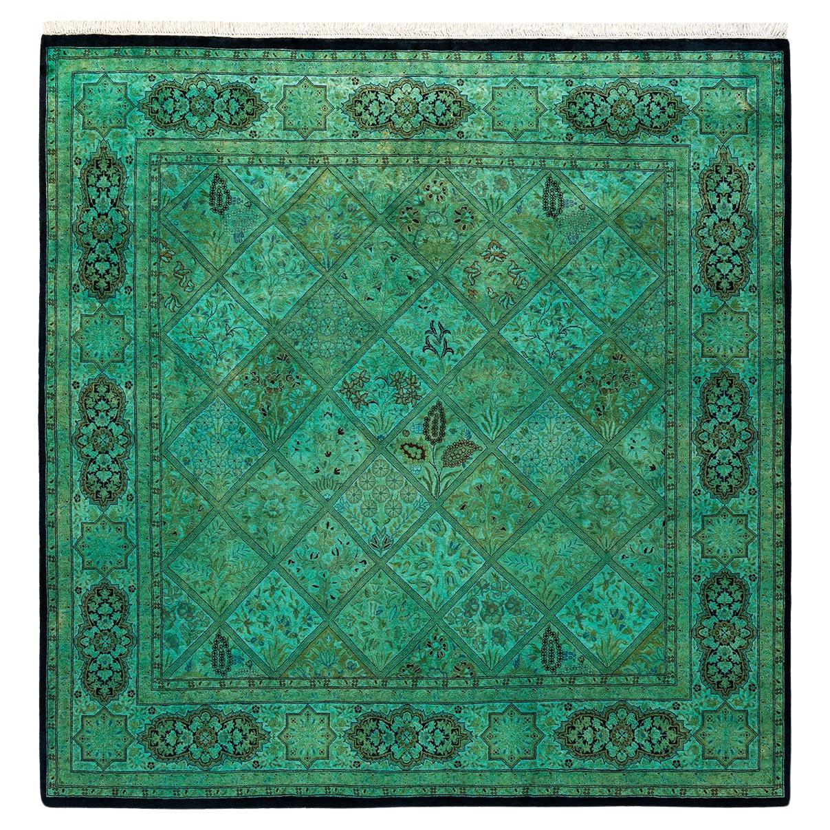 Contemporary Overdyed Hand Knotted Wool Green Square Area Rug For Sale