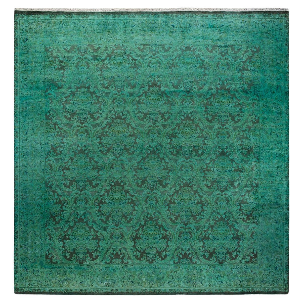 Contemporary Overdyed Hand Knotted Wool Green Square Area Rug