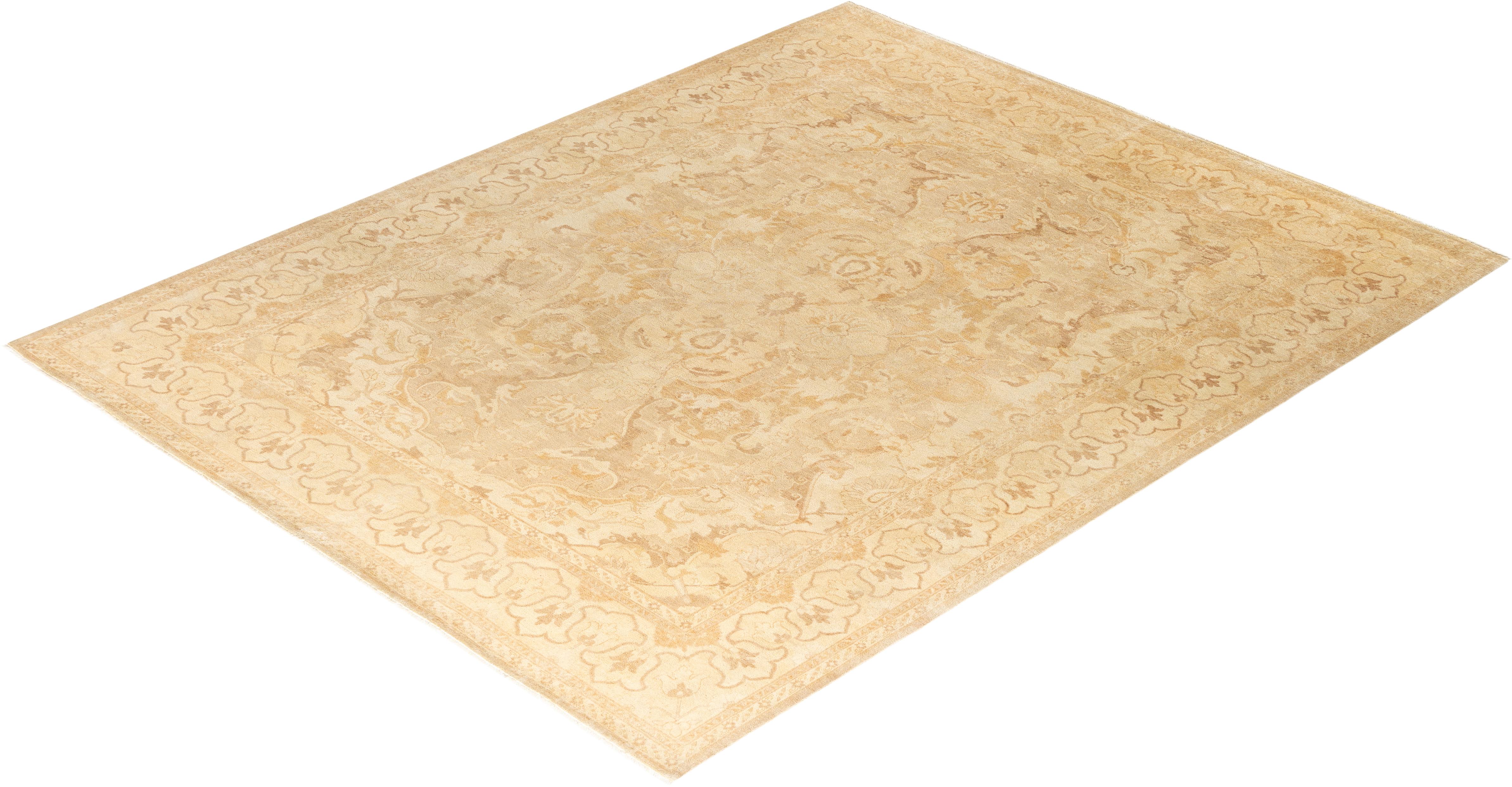 Contemporary Overdyed Hand Knotted Wool Ivory Area Rug For Sale 4
