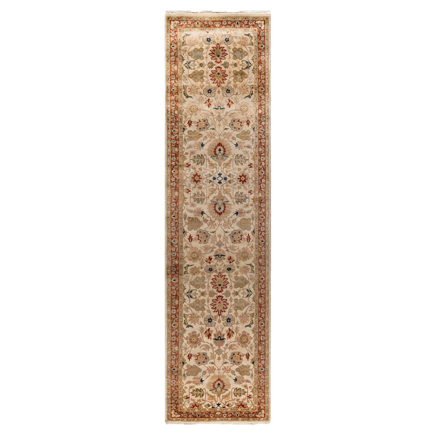 Contemporary Overdyed Hand Knotted Wool Ivory Runner