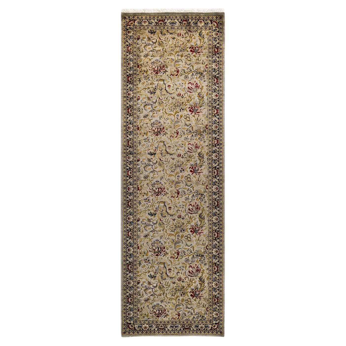 Contemporary Overdyed Hand Knotted Wool Ivory Runner For Sale