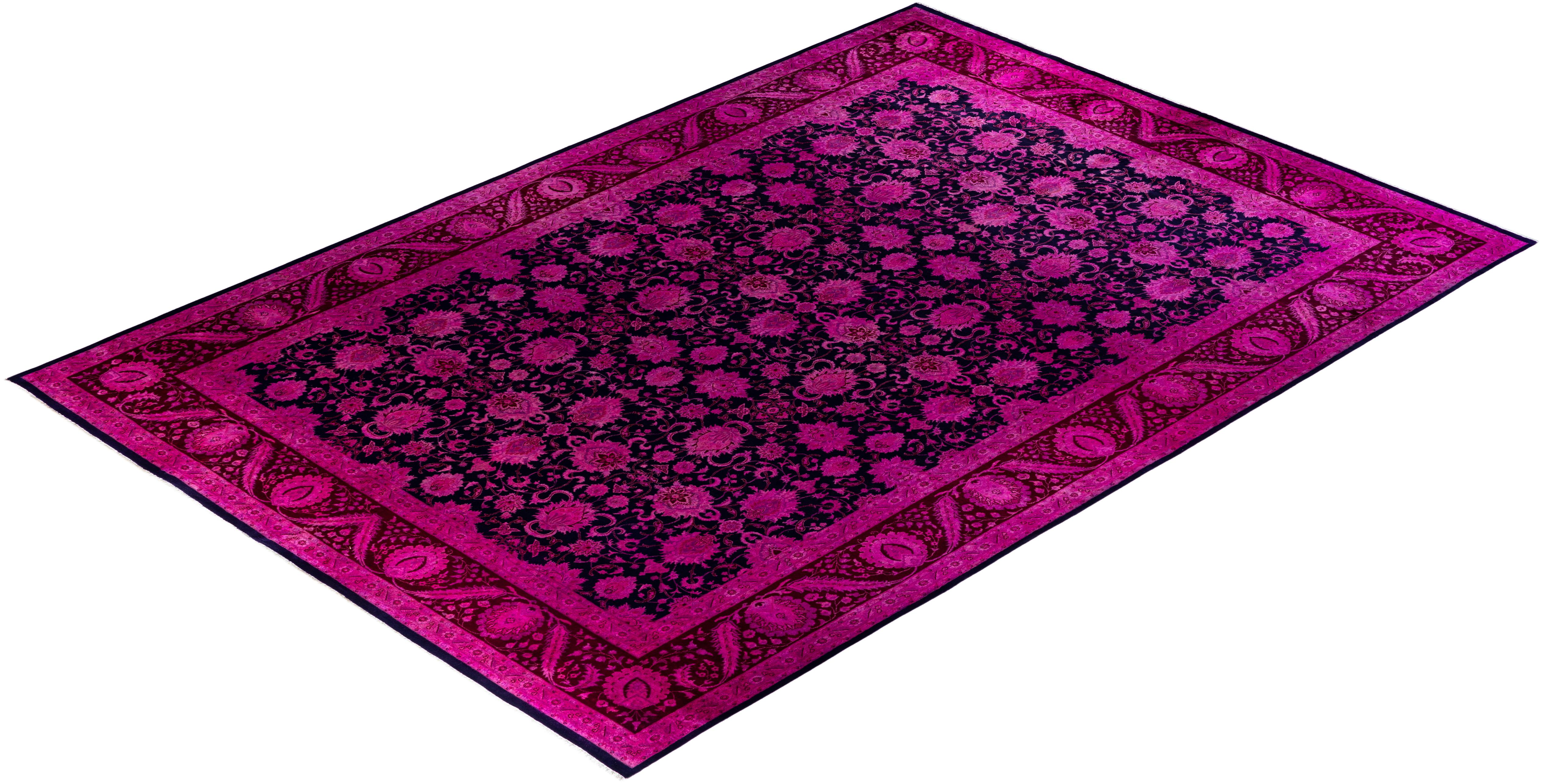 Contemporary Overdyed Hand Knotted Wool Navy Area Rug 10' 3