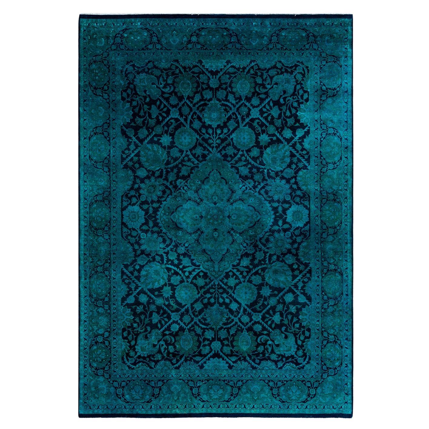 Zeitgenössische Overdyed handgeknüpfte Wolle Marine Bereich Teppich 6' 1" x 8' 10"