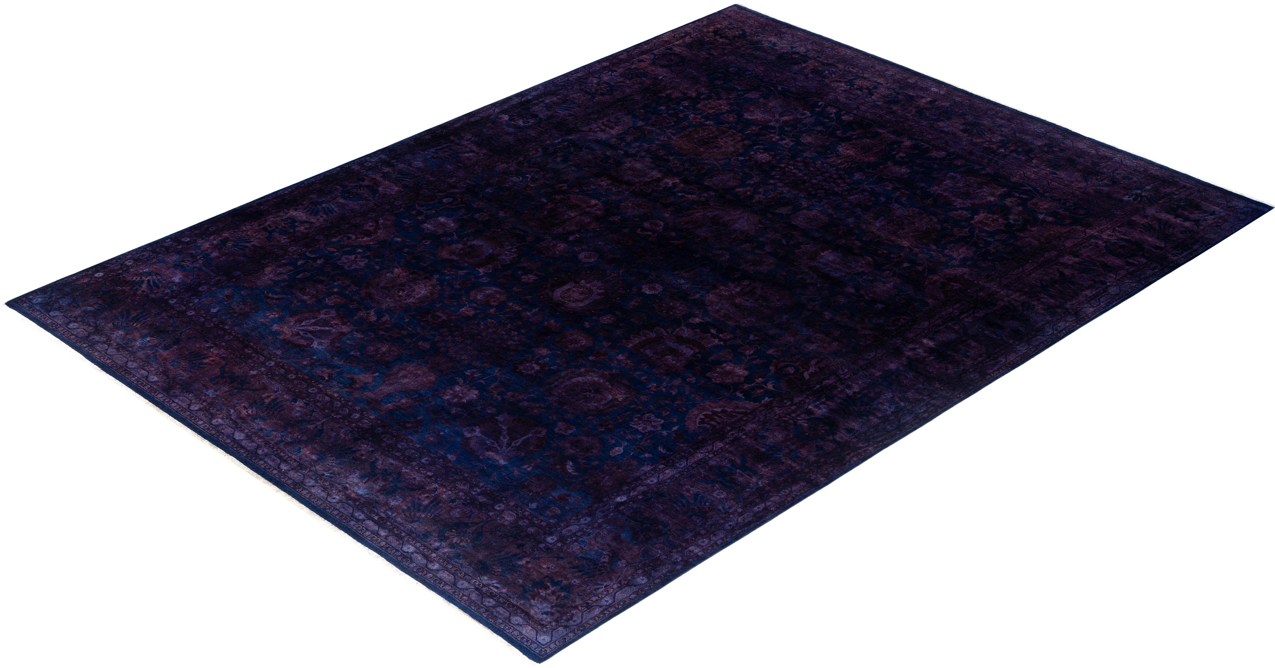 Zeitgenössische Overdyed handgeknüpfte Wolle Marine Bereich Teppich 9' 1