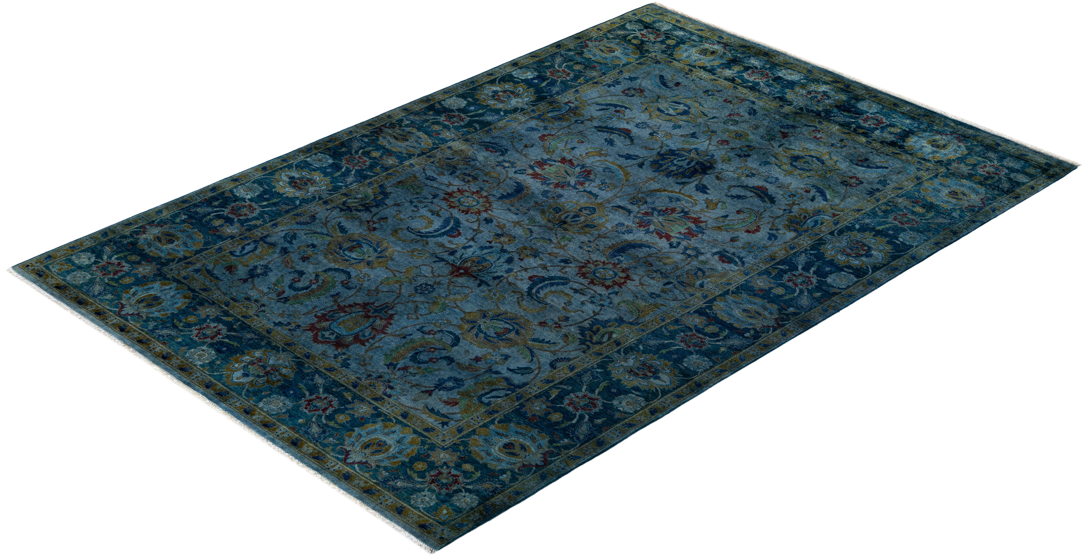 Contemporary Overdyed Hand Knotted Wool Navy Area Rug For Sale 4