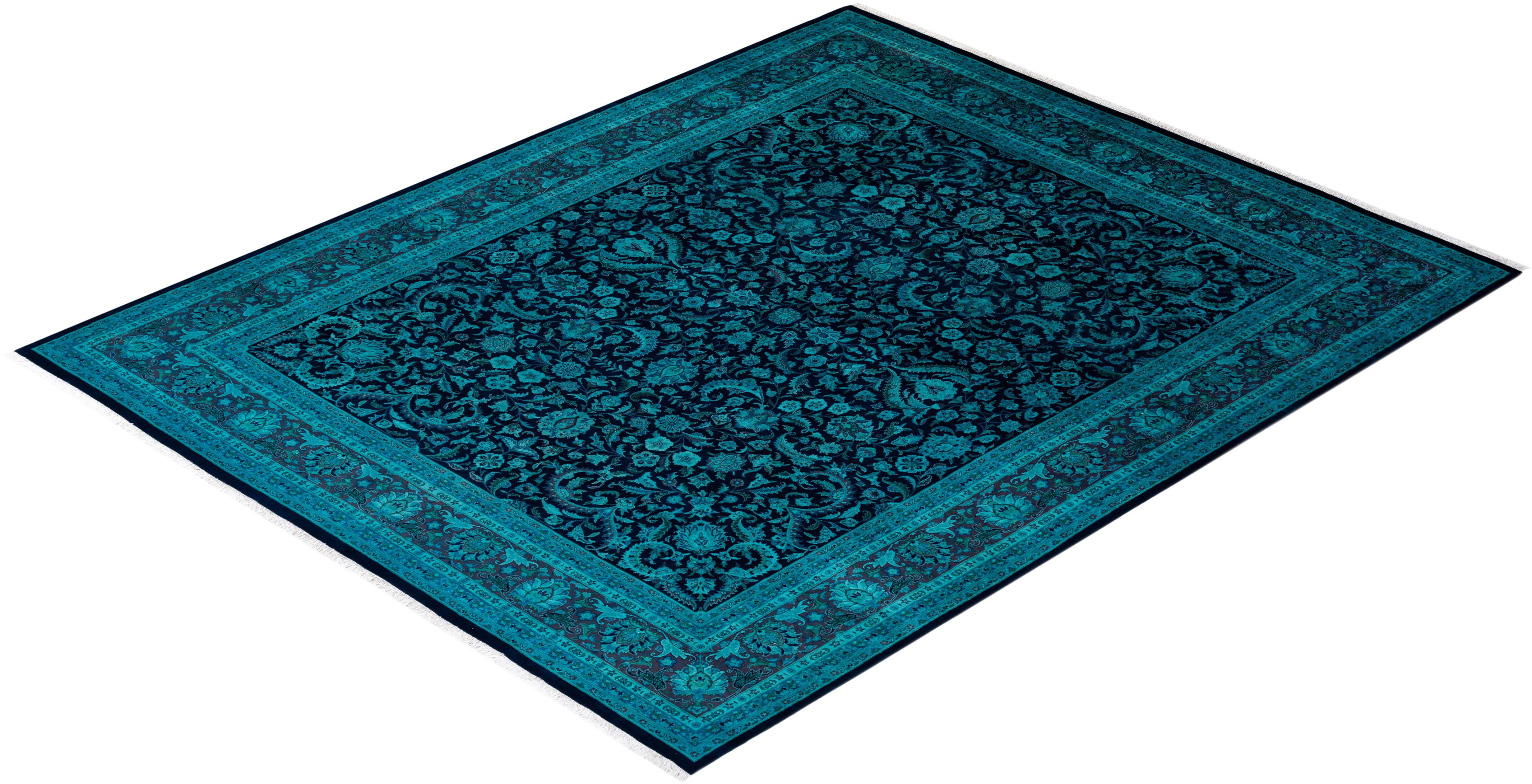 Contemporary Overdyed Hand Knotted Wool Navy Area Rug For Sale 4
