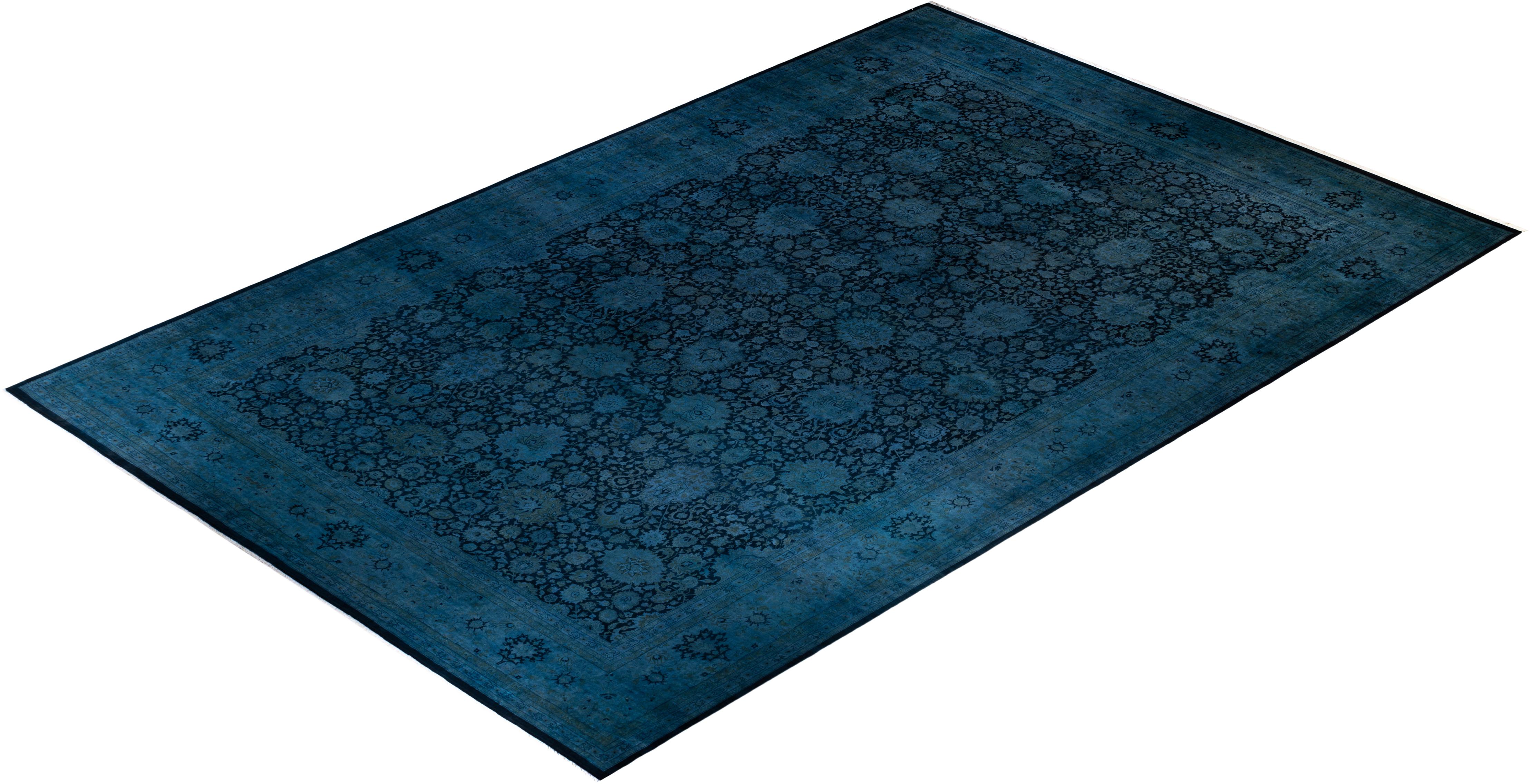 Contemporary Overdyed Hand Knotted Wool Navy Area Rug For Sale 4