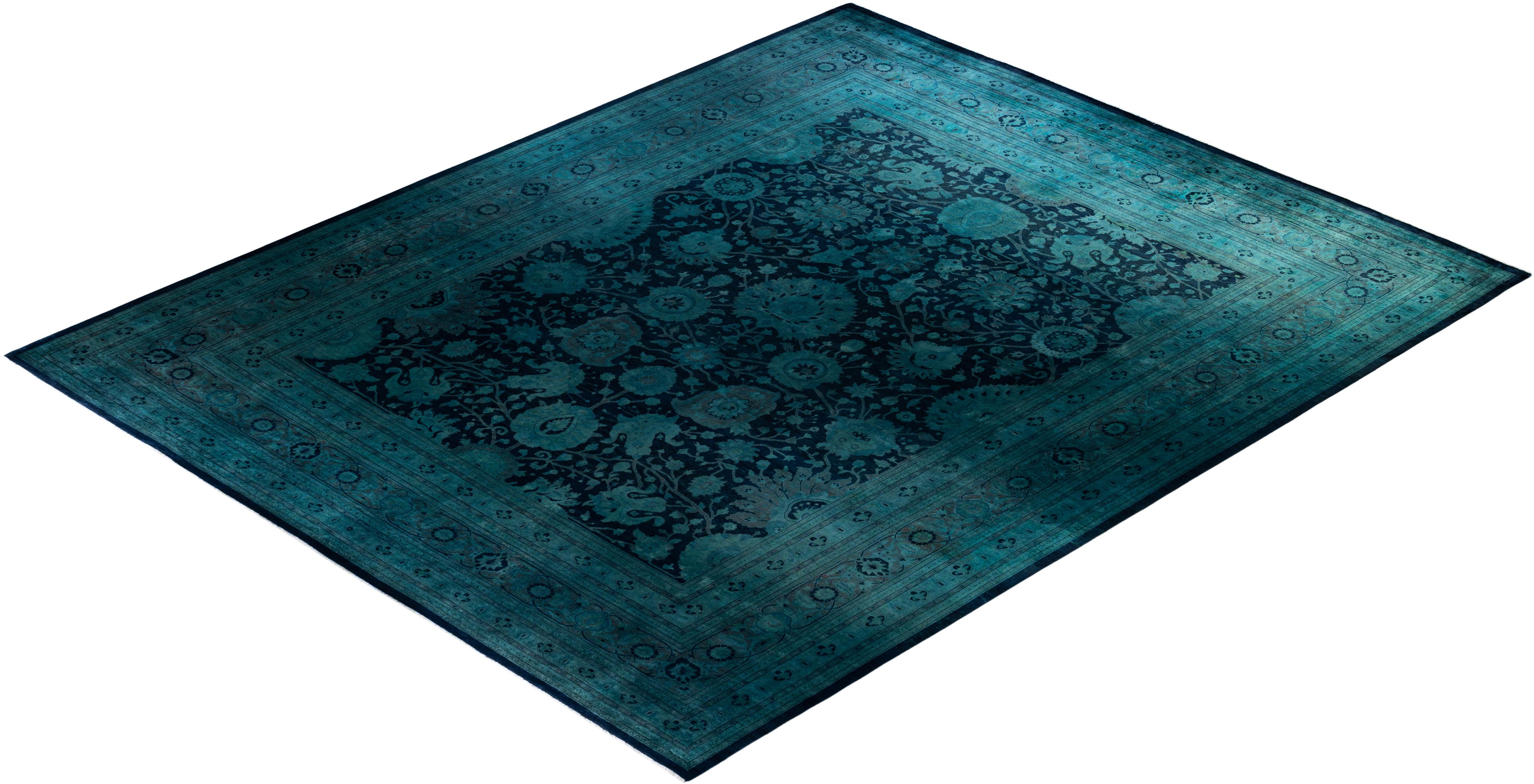 Tapis de sol Contemporary en laine surteinte nouée à la main, marine en vente 2