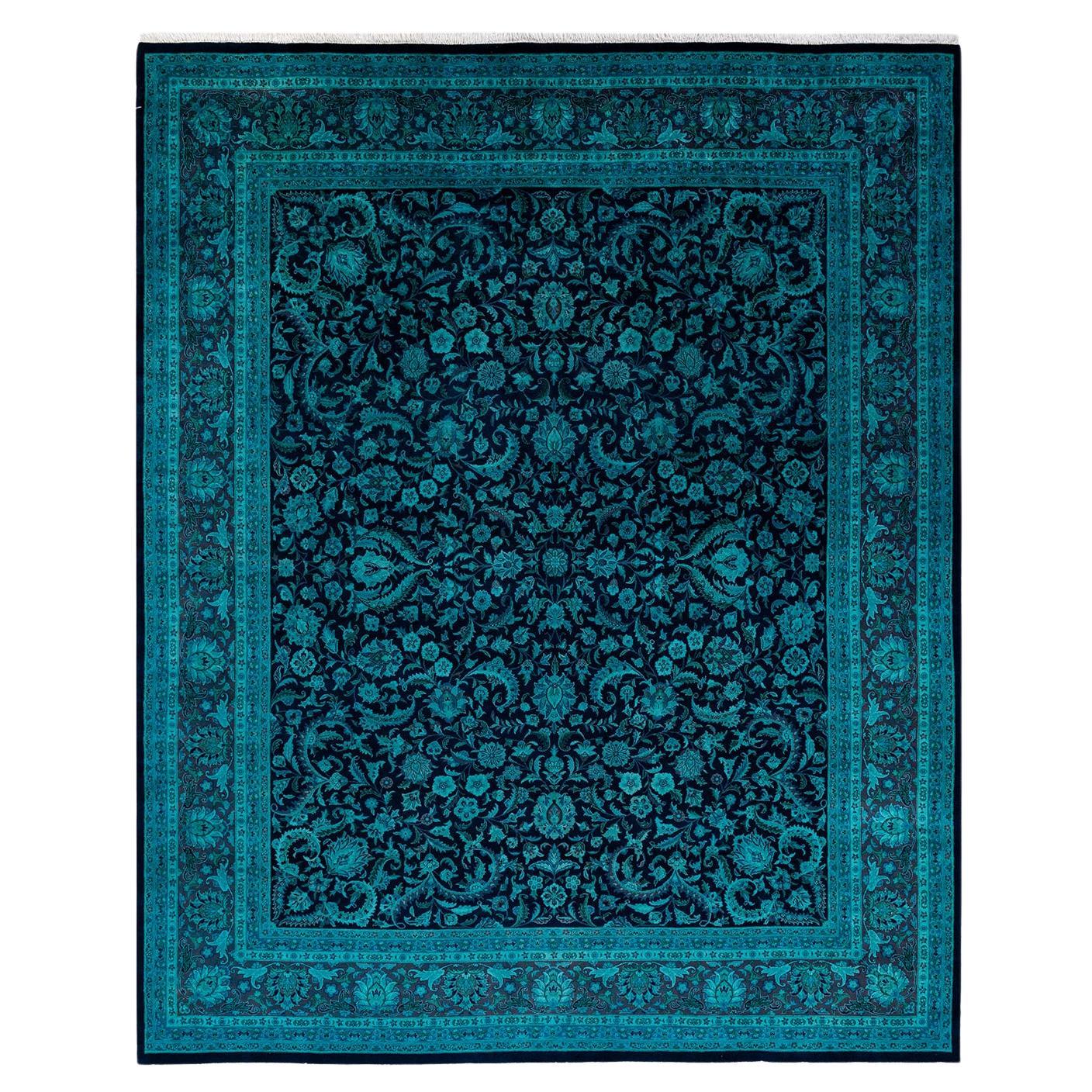 Contemporary Overdyed Hand Knotted Wool Navy Area Rug For Sale