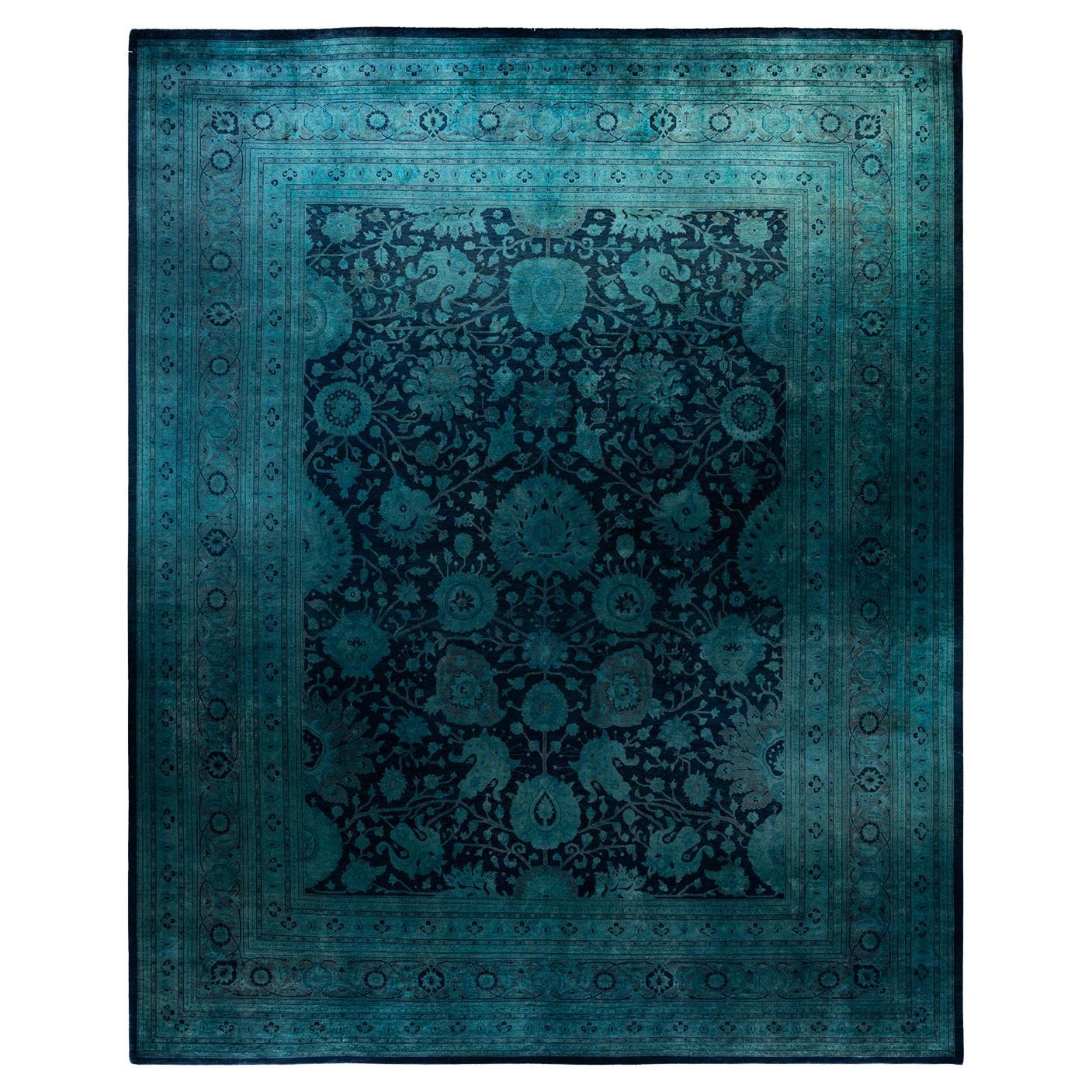 Contemporary Overdyed Hand Knotted Wool Navy Area Rug
