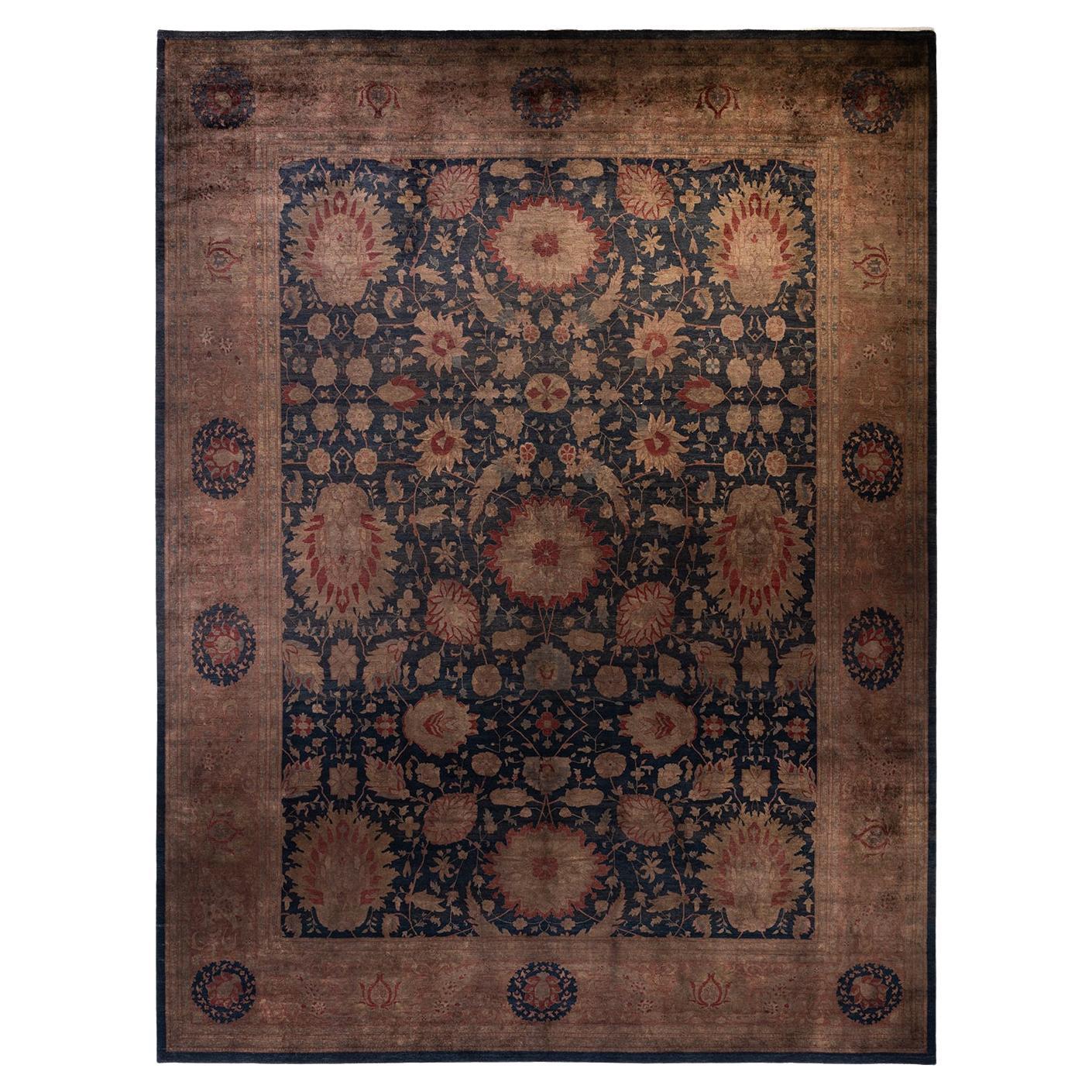 Contemporary Overdyed Hand Knotted Wool Navy Area Rug