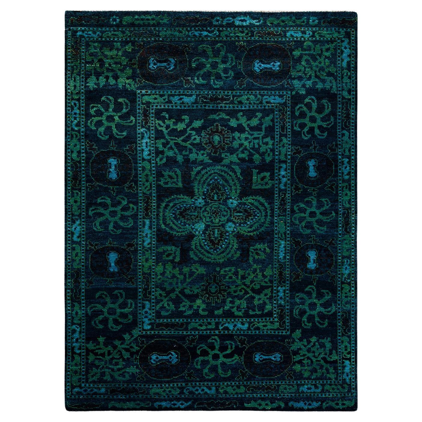 Contemporary Overdyed Hand Knotted Wool Navy Area Rug For Sale