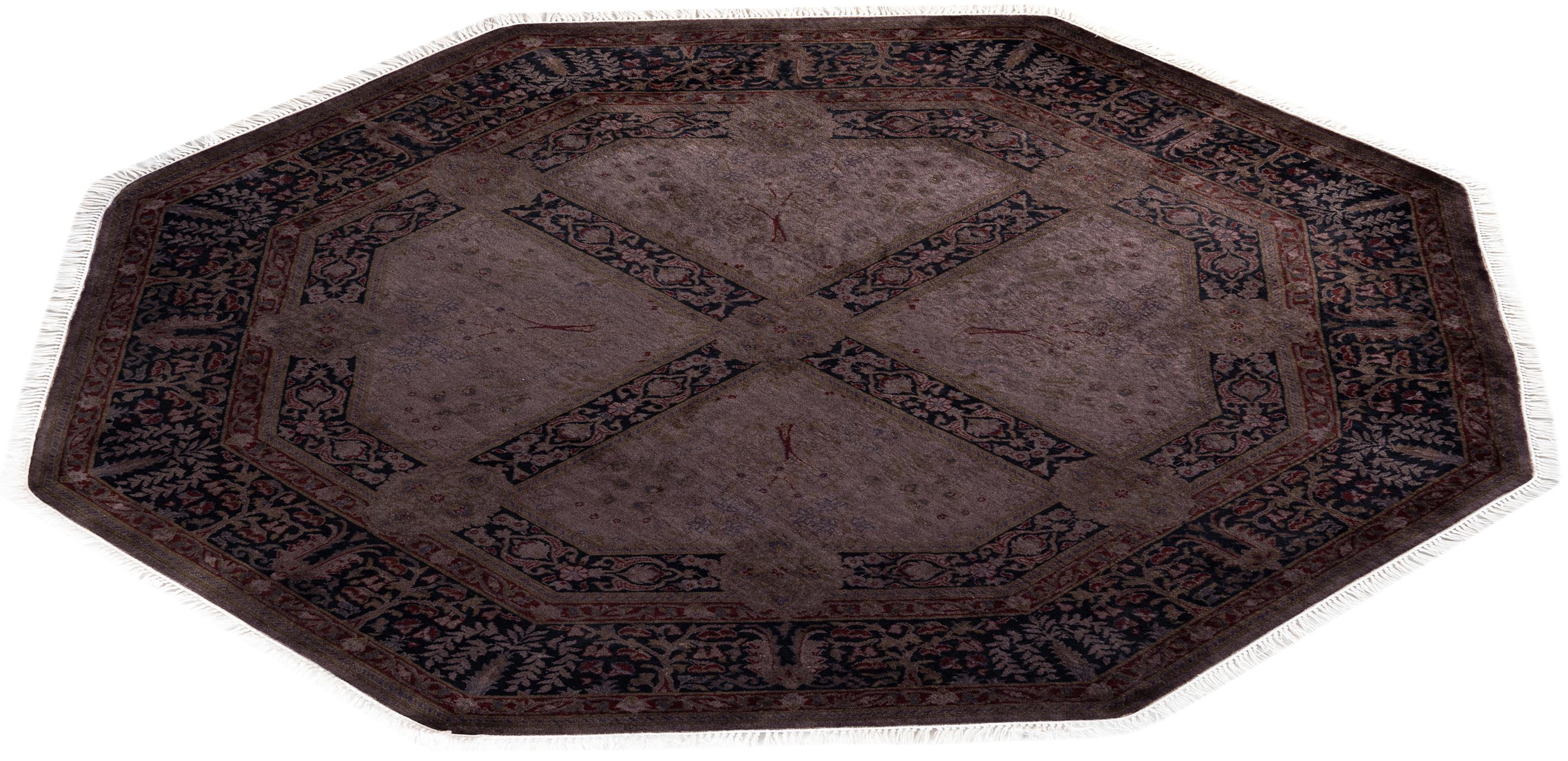 Contemporary Overdyed Hand Knotted Wool Navy Octagon Area Rug  For Sale 4