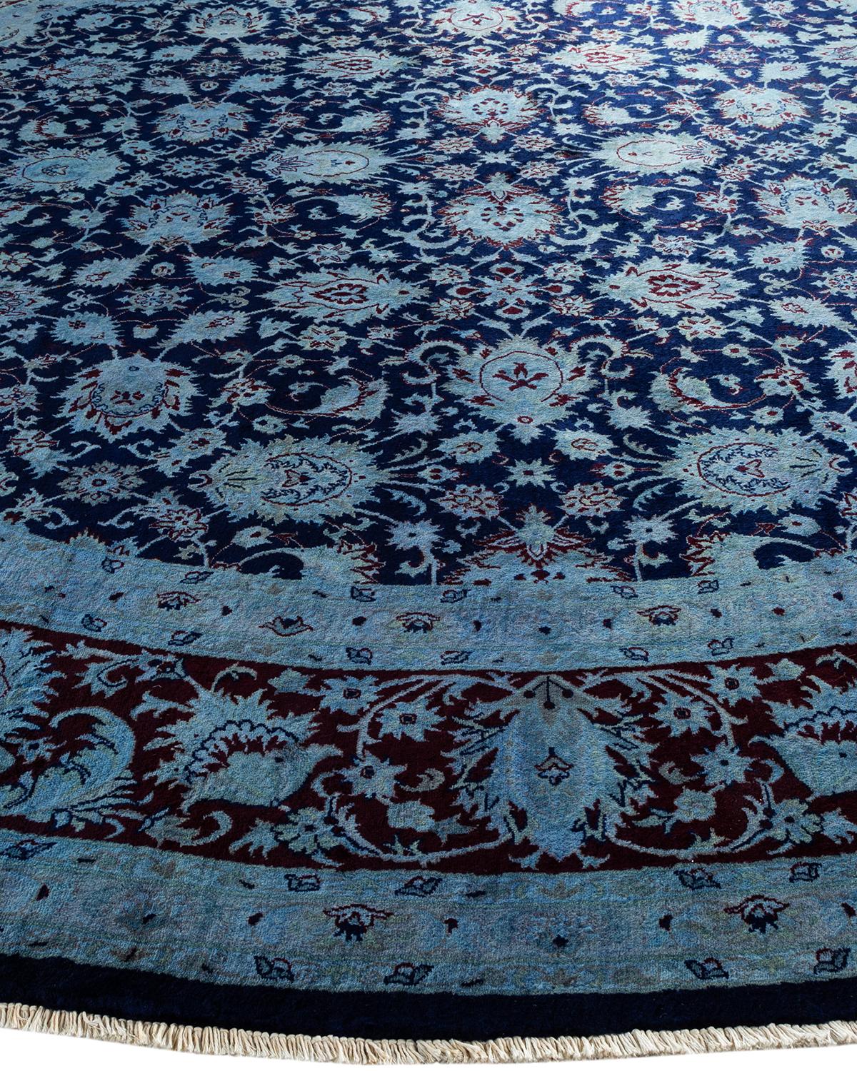 Contemporary Overdyed Hand Knotted Wool Navy Round Area Rug In New Condition For Sale In Norwalk, CT
