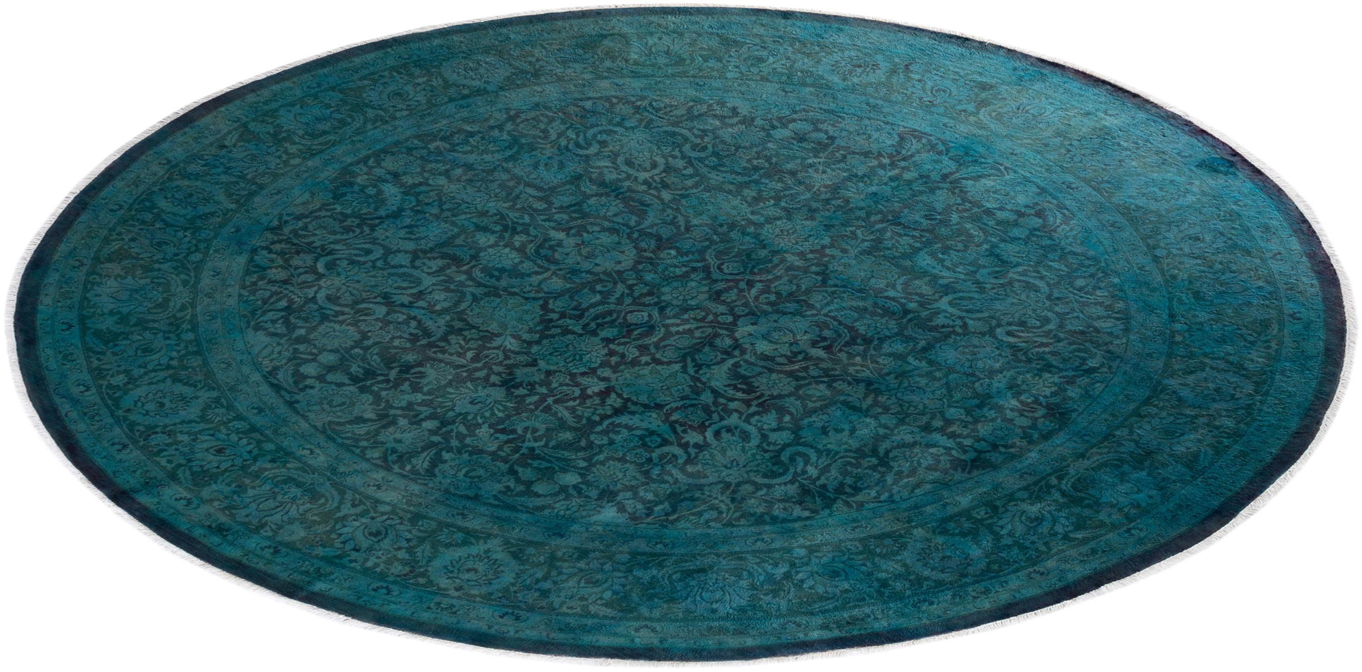 Contemporary Overdyed Hand Knotted Wool Navy Round Area Rug For Sale 4