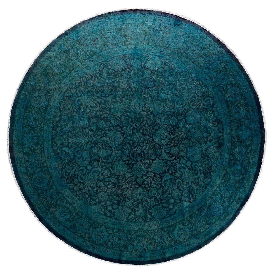 Contemporary Overdyed Hand Knotted Wool Navy Round Area Rug For Sale