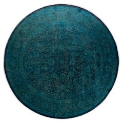 Contemporary Overdyed Hand Knotted Wool Navy Round Area Rug