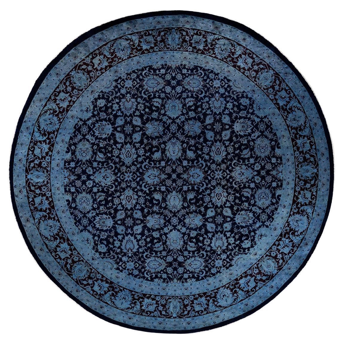 Contemporary Overdyed Hand Knotted Wool Navy Round Area Rug For Sale