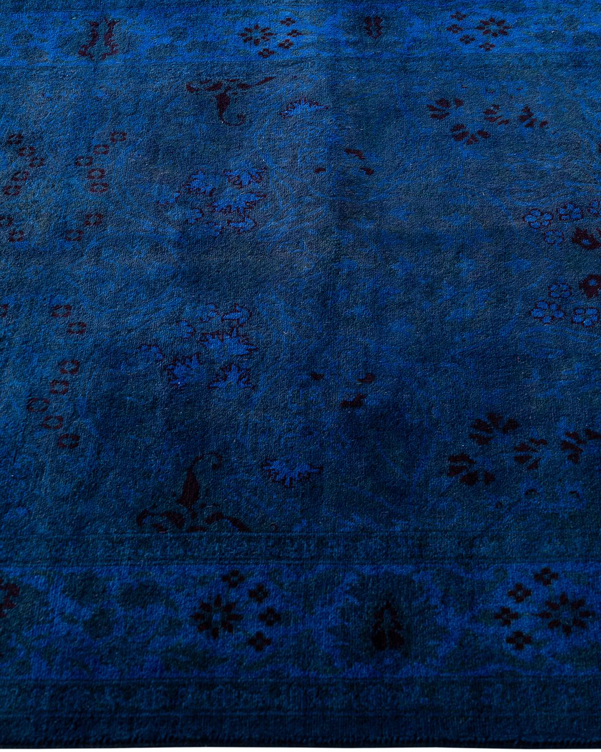 Contemporary Overdyed Hand Knotted Wool Navy Runner 3' 1