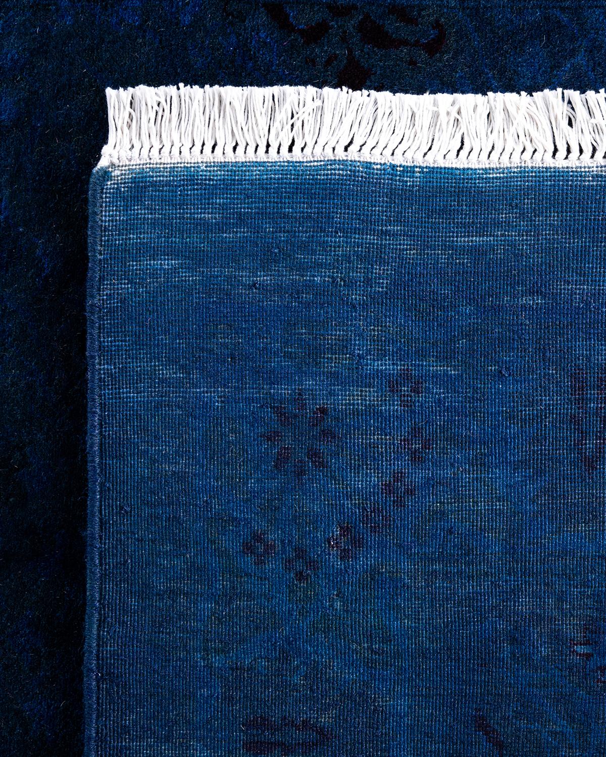 Contemporary Overdyed Hand Knotted Wool Navy Runner 3' 1