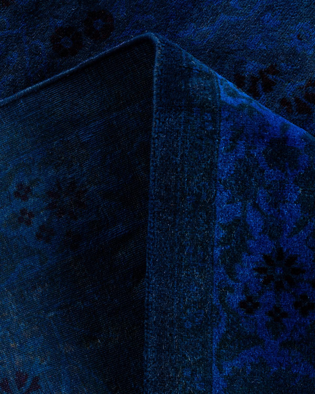 Contemporary Overdyed Hand Knotted Wool Navy Runner 3' 1